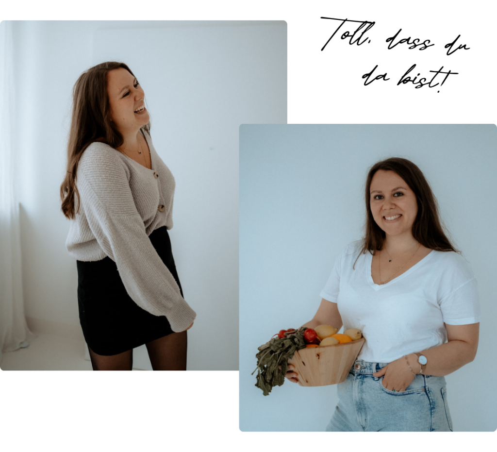 Johanna Eggers auf zwei Fotos zu sehen, wie sie in die Kamera lacht. Darüber der Schriftzug "Toll, dass du da bist!"