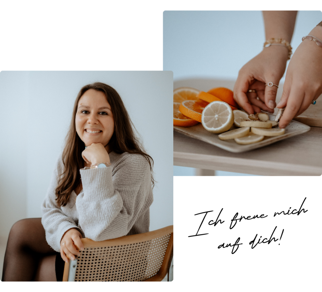 Johanna Eggers auf zwei Fotos zu sehen, auf einem, wie sie in die Kamera lacht auf dem anderen, wie sie Orangen und Zitronen aufschneidet. Darunter der Schriftzug "Ich freue mich auf dich!"